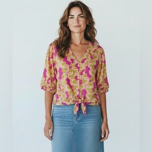 Rose Olive Floral Tie Front Blouse‎ Top Womens Pink & Yellow Size Large